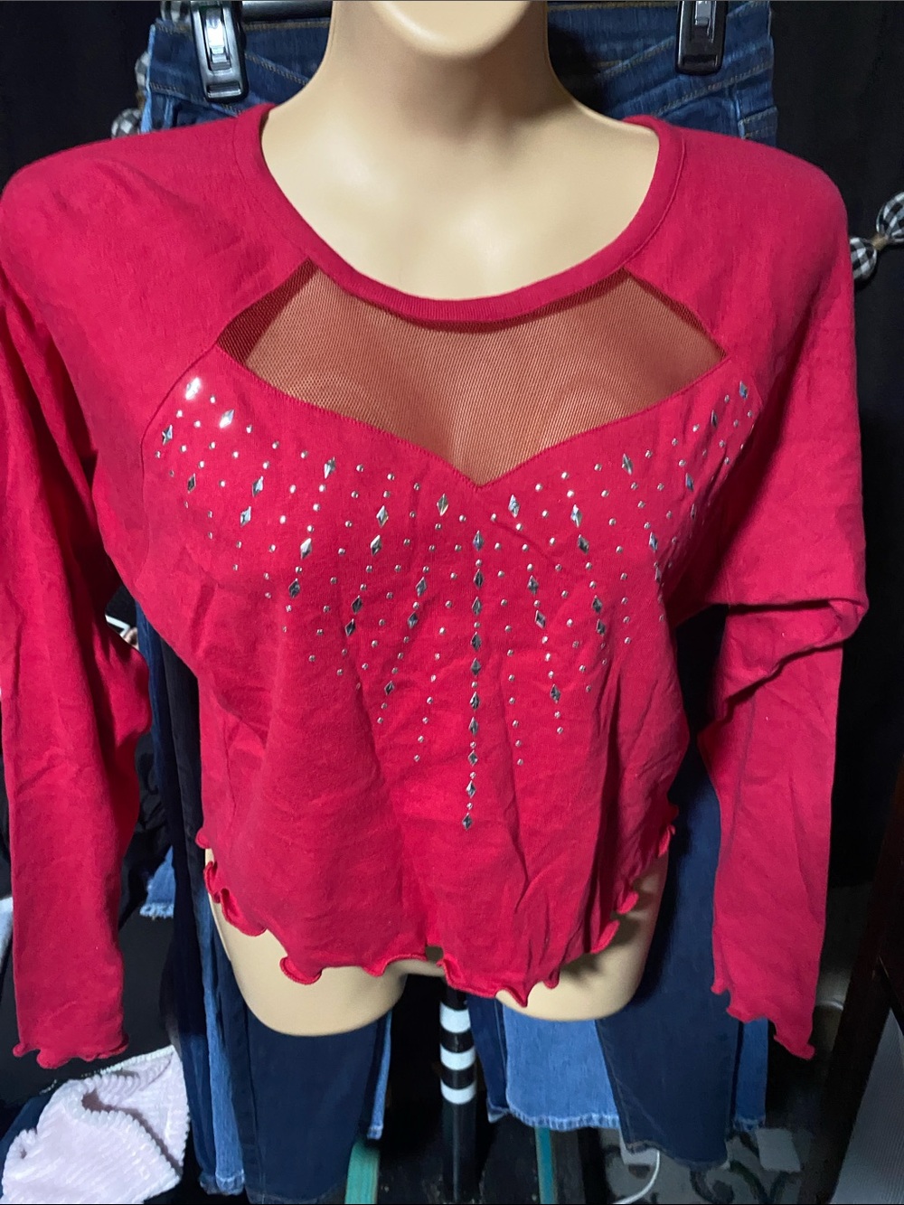 Women's Red Long-Sleeve Mesh Accent Top with Rhinestone Detail